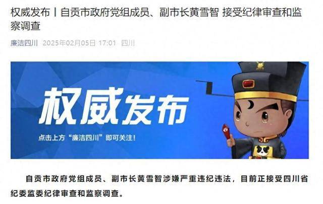 涉嫌嚴重違紀違法，四川省自貢市政府黨組成員、副市長黃雪智接受審查調(diào)查