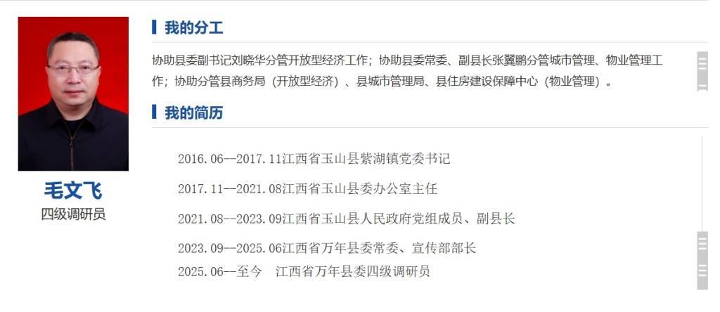 江西萬年縣委常委、宣傳部部長毛文飛改任萬年縣委四級調(diào)研員